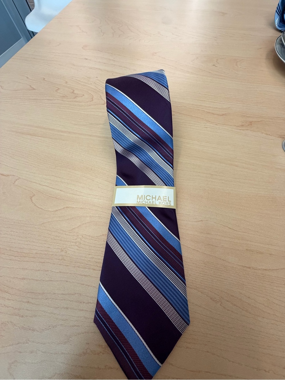 Michael Kors Burgundy, Blue and Silver Diagonal Stripe Tie